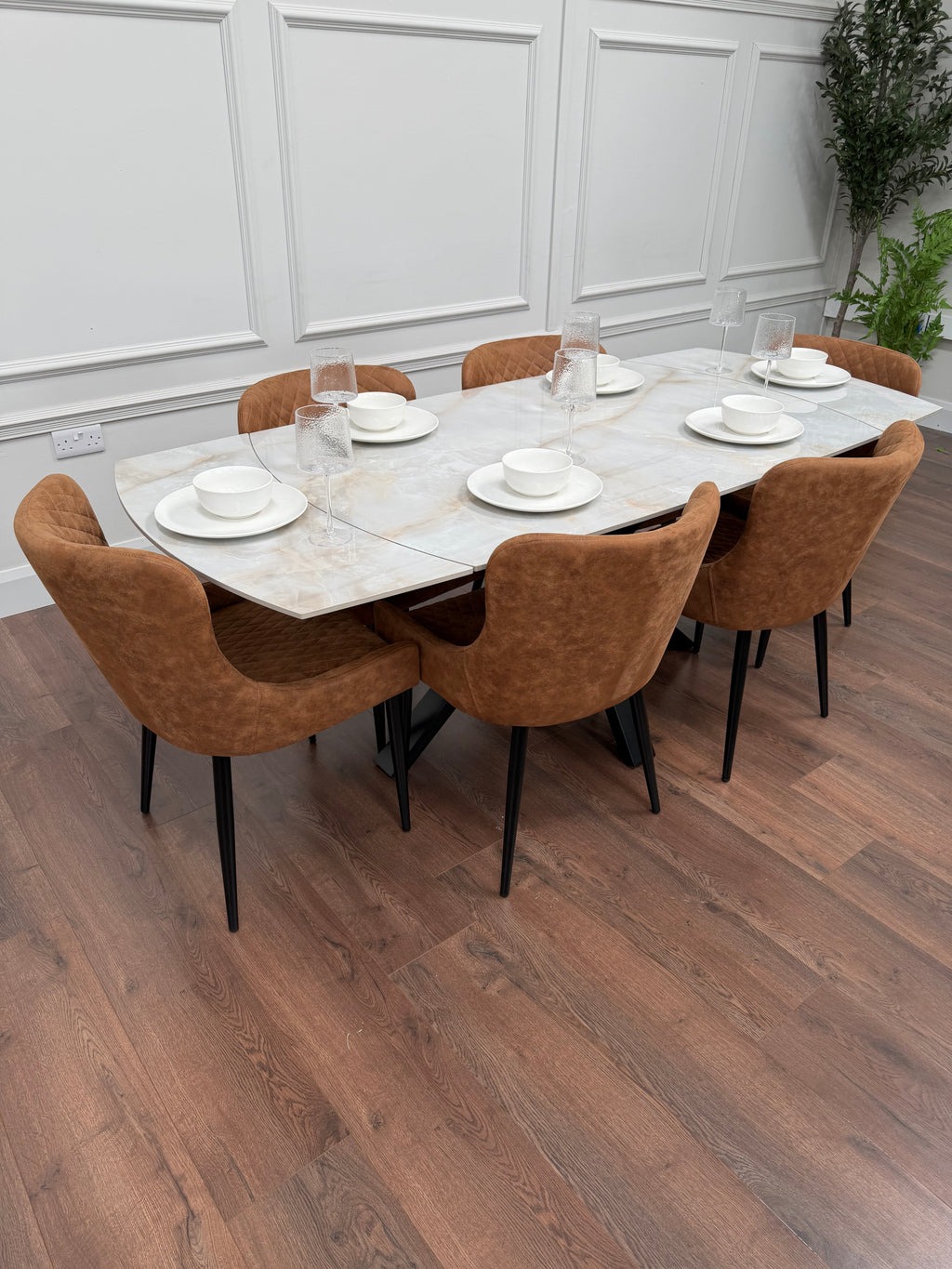 Positano Sintered Stone Dining Set + 6 Tan Diamond Chairs
