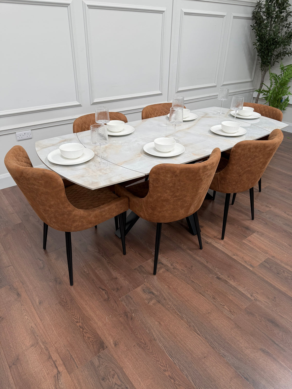Positano Sintered Stone Dining Set + 6 Tan Diamond Chairs