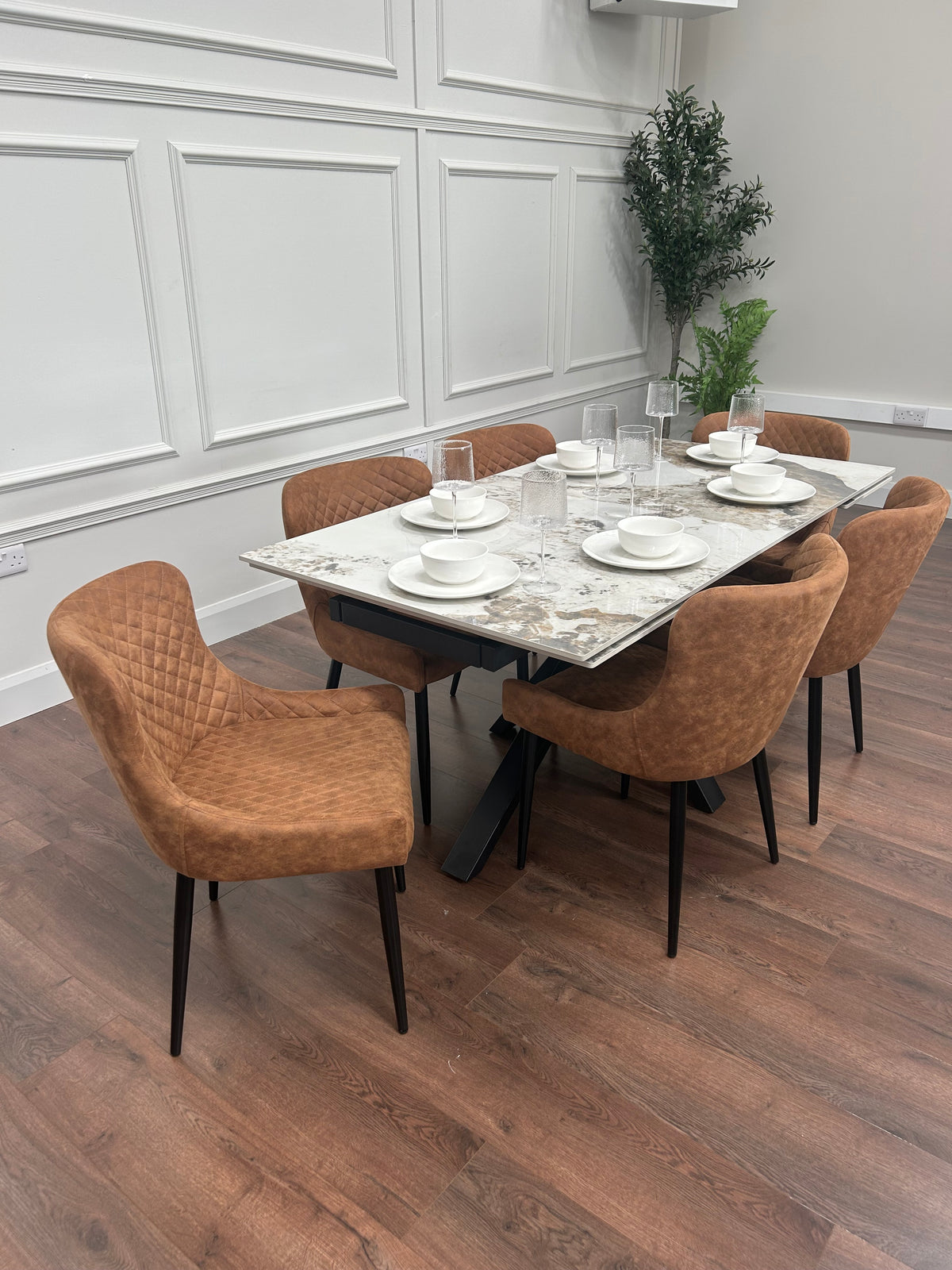 Sorrento Extending Sintered Stone Dining Set + 6 Diamond Tan Suede Chairs