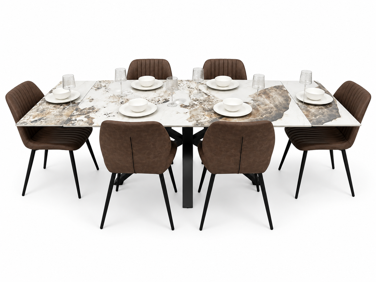 Sorrento Extending Sintered Stone Dining Set + 6 Lyra Brown Chairs