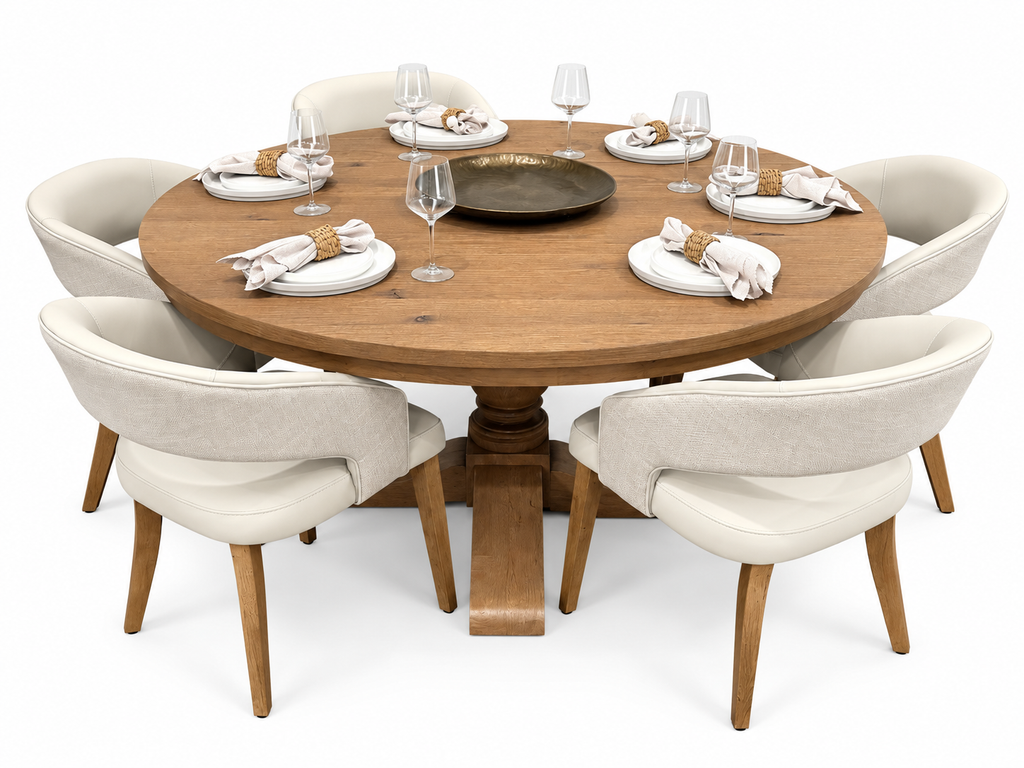 Westbury 1.55m round oak dining table with 6 Willow cream chairs