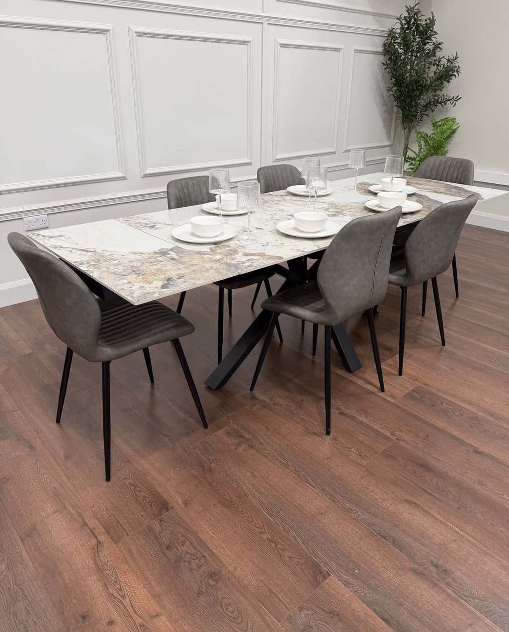Sorrento Extending Sintered Stone Dining Set + 6 Lyra Grey Chairs