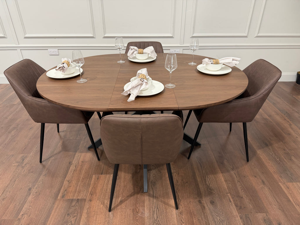 New York dark oak round extending dining table with 4 EZ brown PU chairs - photo 4