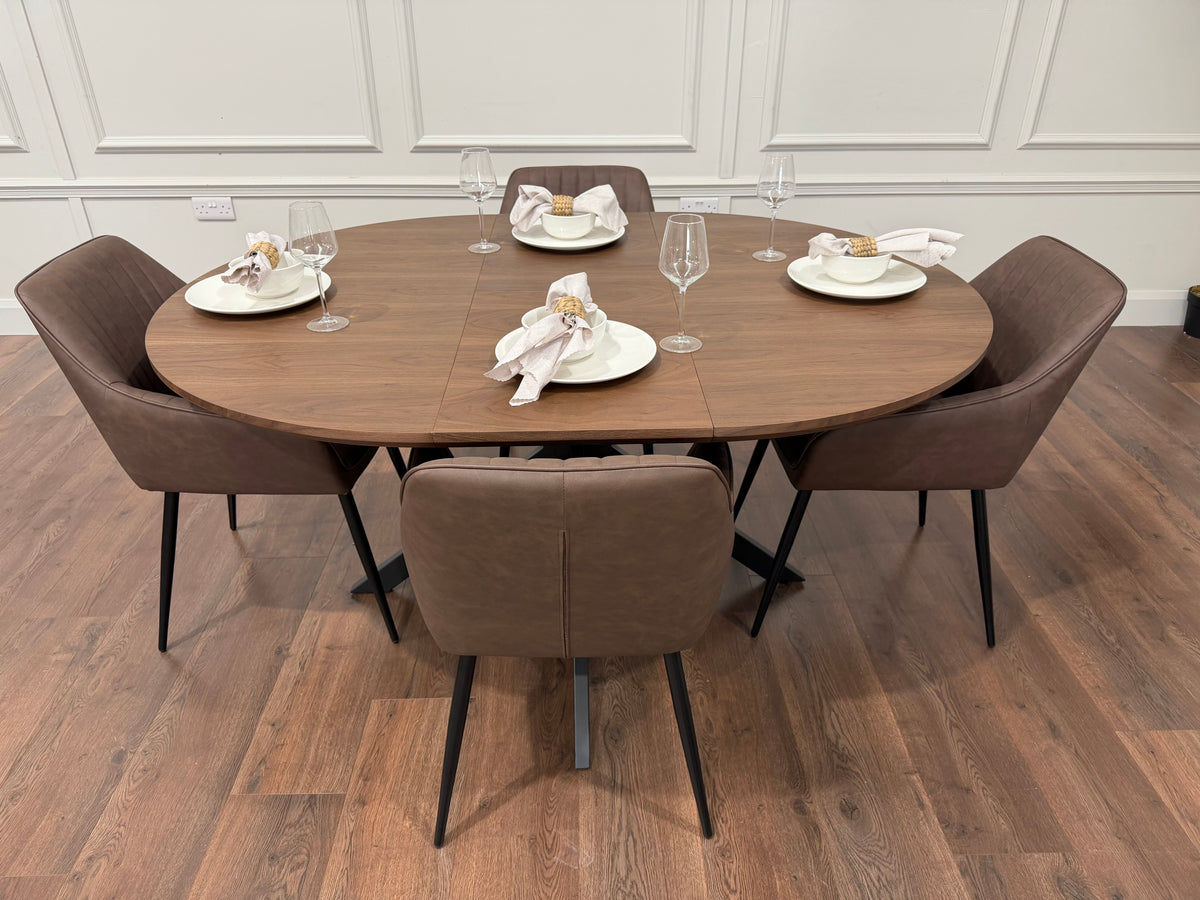 New York dark oak round extending dining table with 4 EZ brown PU chairs - photo 4