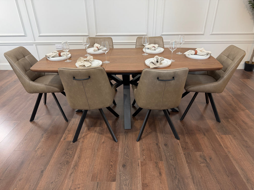 New York walnut extending dining table with 6 Pedro dark taupe PU chairs - photo 2