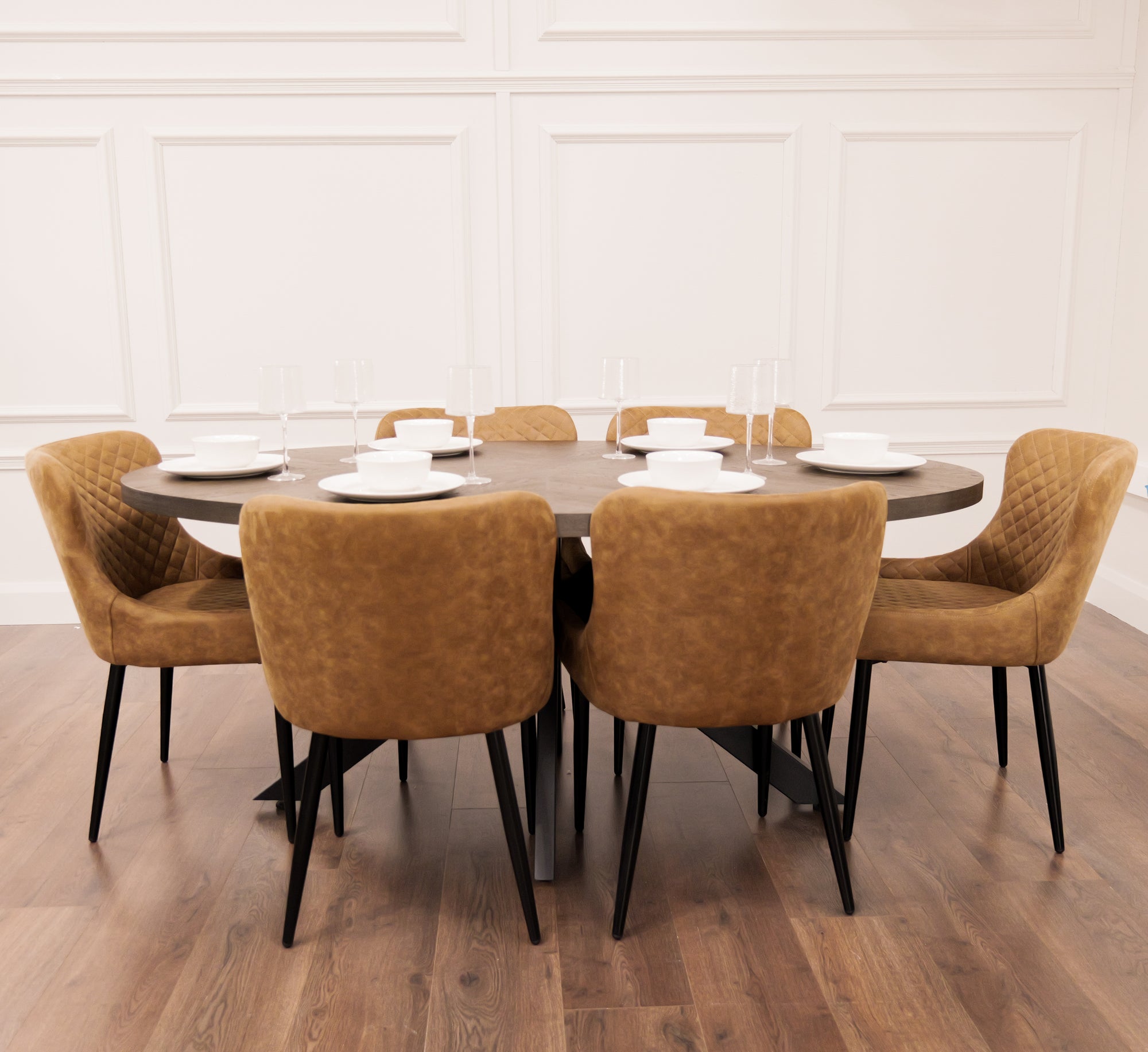 Samara 1.8m Table + 6 Diamond Tan Suede Chairs