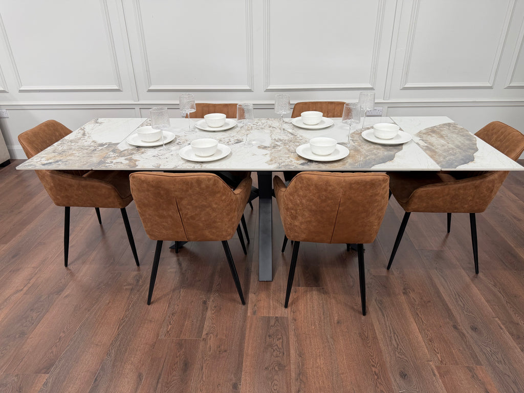 Sorrento Sintered Stone Extending Dining Set + 6 EZ Tan Suede Chairs