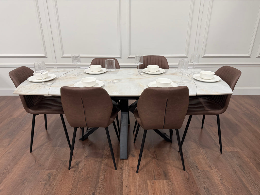 Positano Extending Sintered Stone Dining Table + 6 Lyra Brown PU Chairs