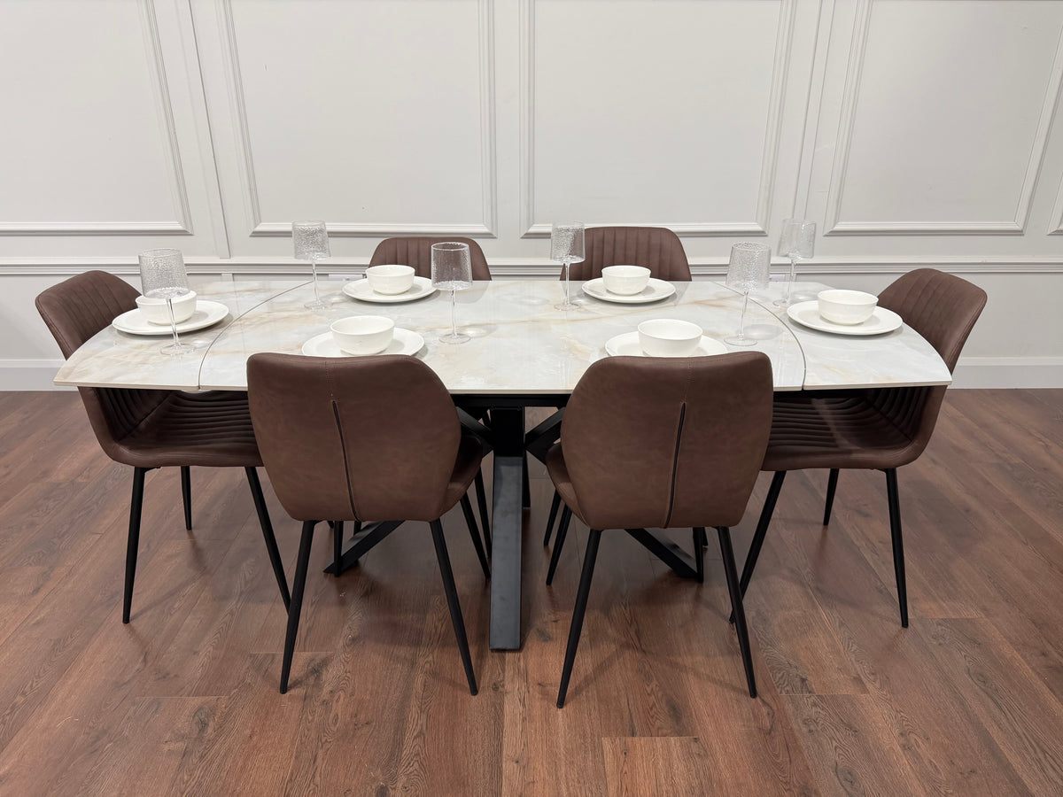 Positano Extending Sintered Stone Dining Table + 6 Lyra Brown PU Chairs
