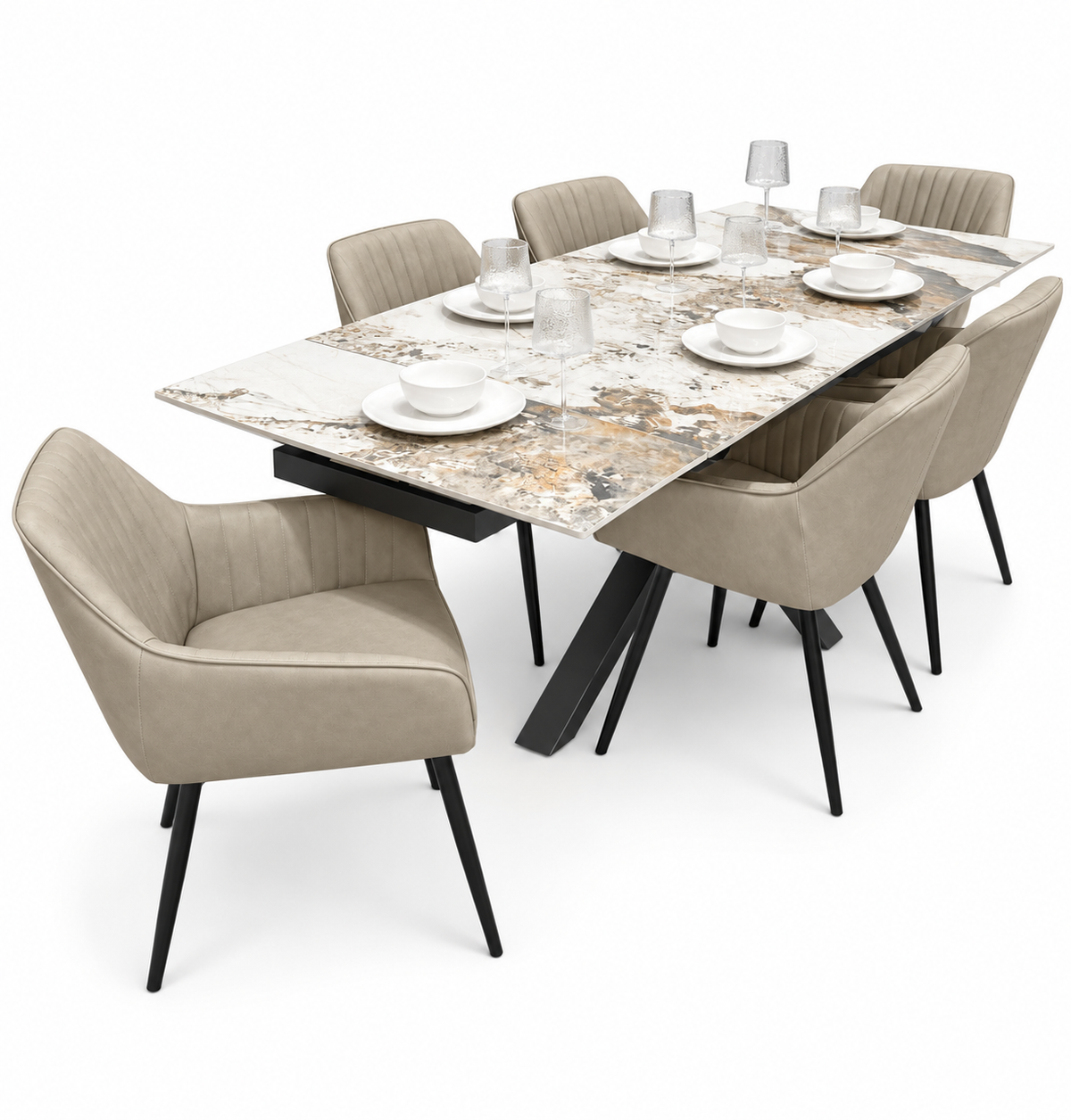 Sorrento Extending Sintered Stone Dining Set + 6 EZ Taupe Chairs