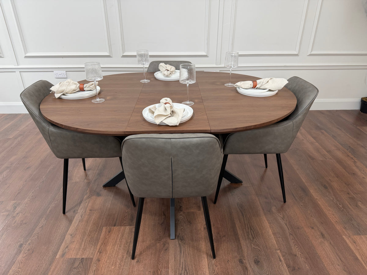 New York dark oak round extending dining table with 4 EZ grey PU chairs - photo 3
