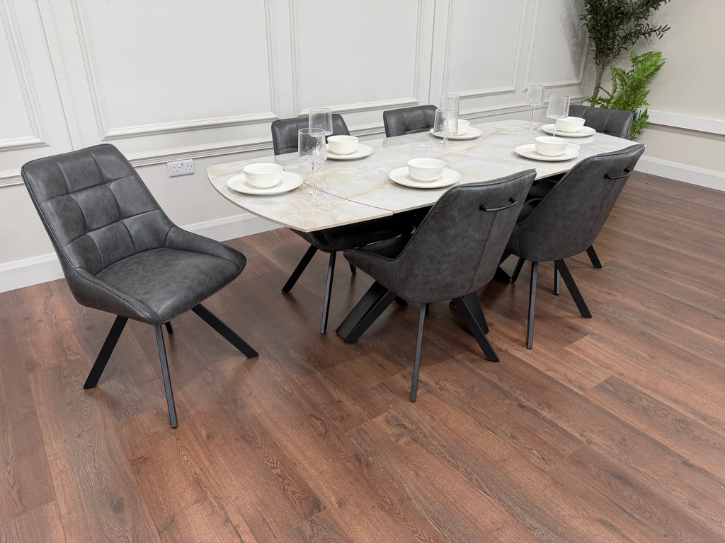 Positano Extending Sintered Stone Dining Set + 6 Pedro Charcoal PU Chairs