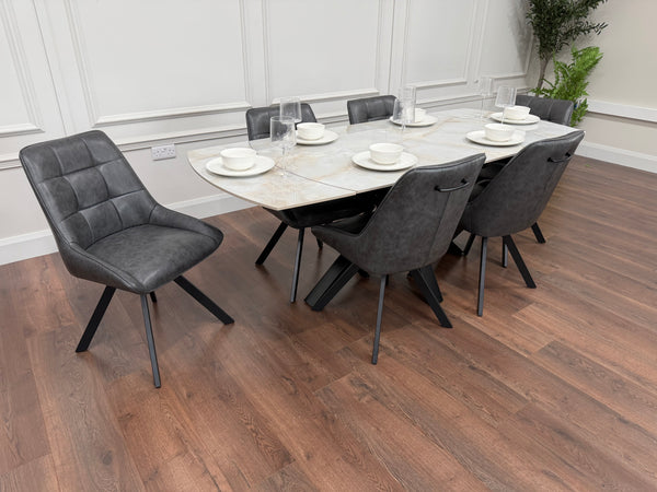 Positano Extending Sintered Stone Dining Set + 6 Pedro Charcoal PU Chairs