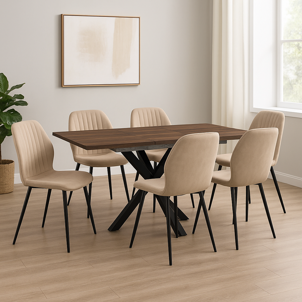 Epsom Dark Oak 1.2m/1.6m + 6 Lyra Chairs Taupe PU