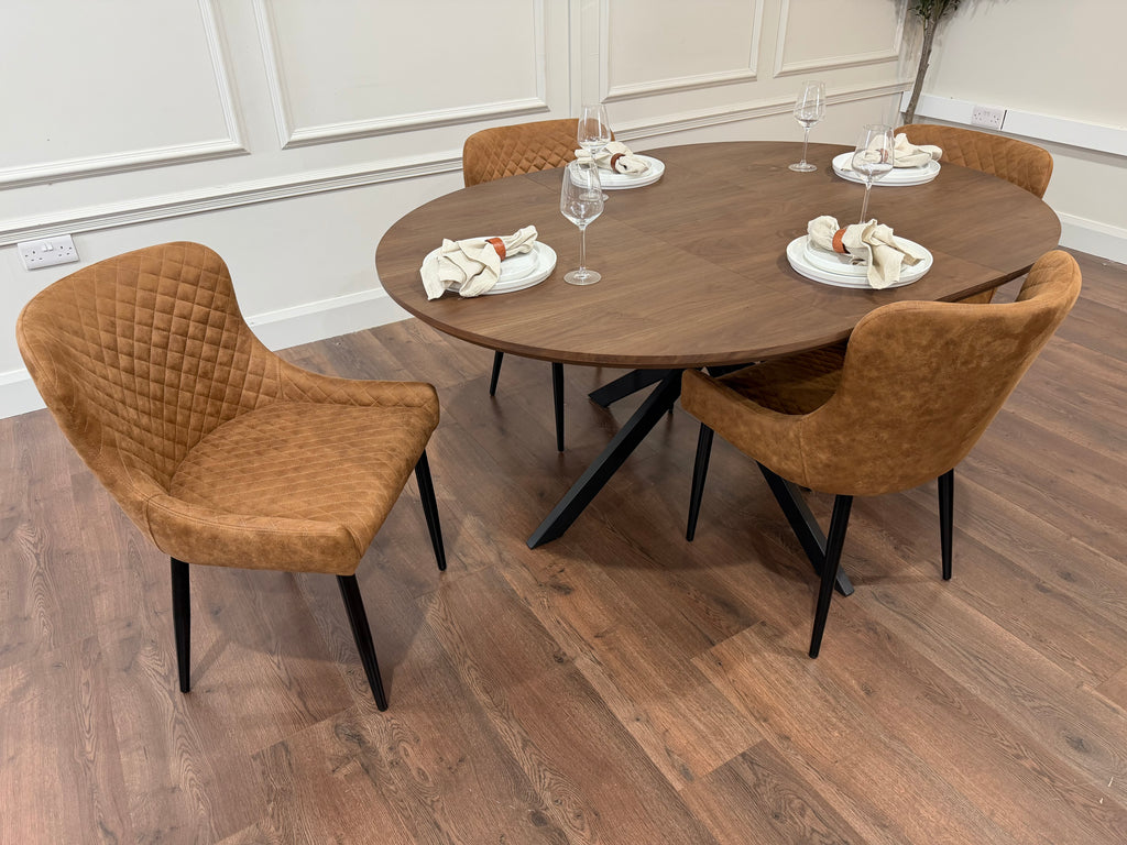 New York dark oak round extending dining table with 4 Diamond tan suede chairs - photo 2