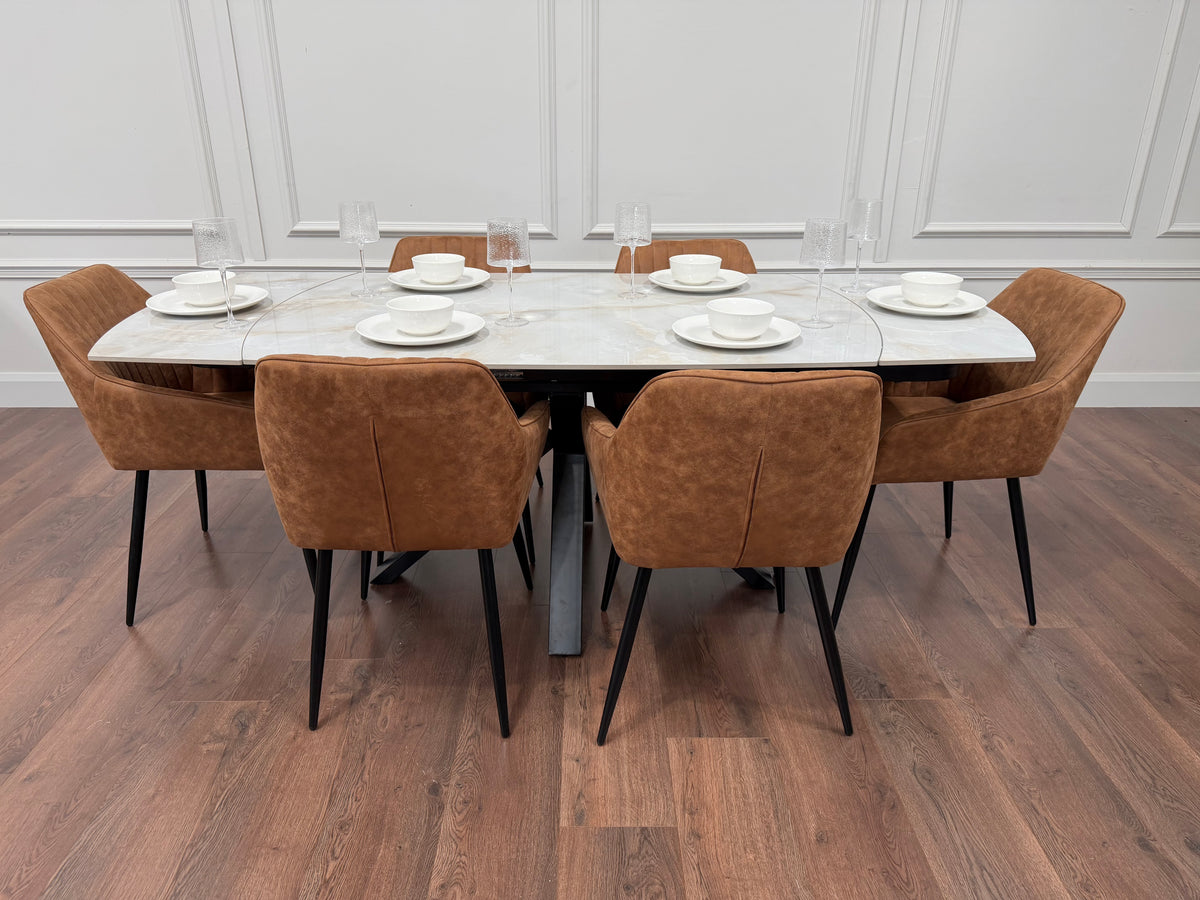 Positano Extending Sintered Stone Dining Set + 6 EZ Tan Suede Chairs