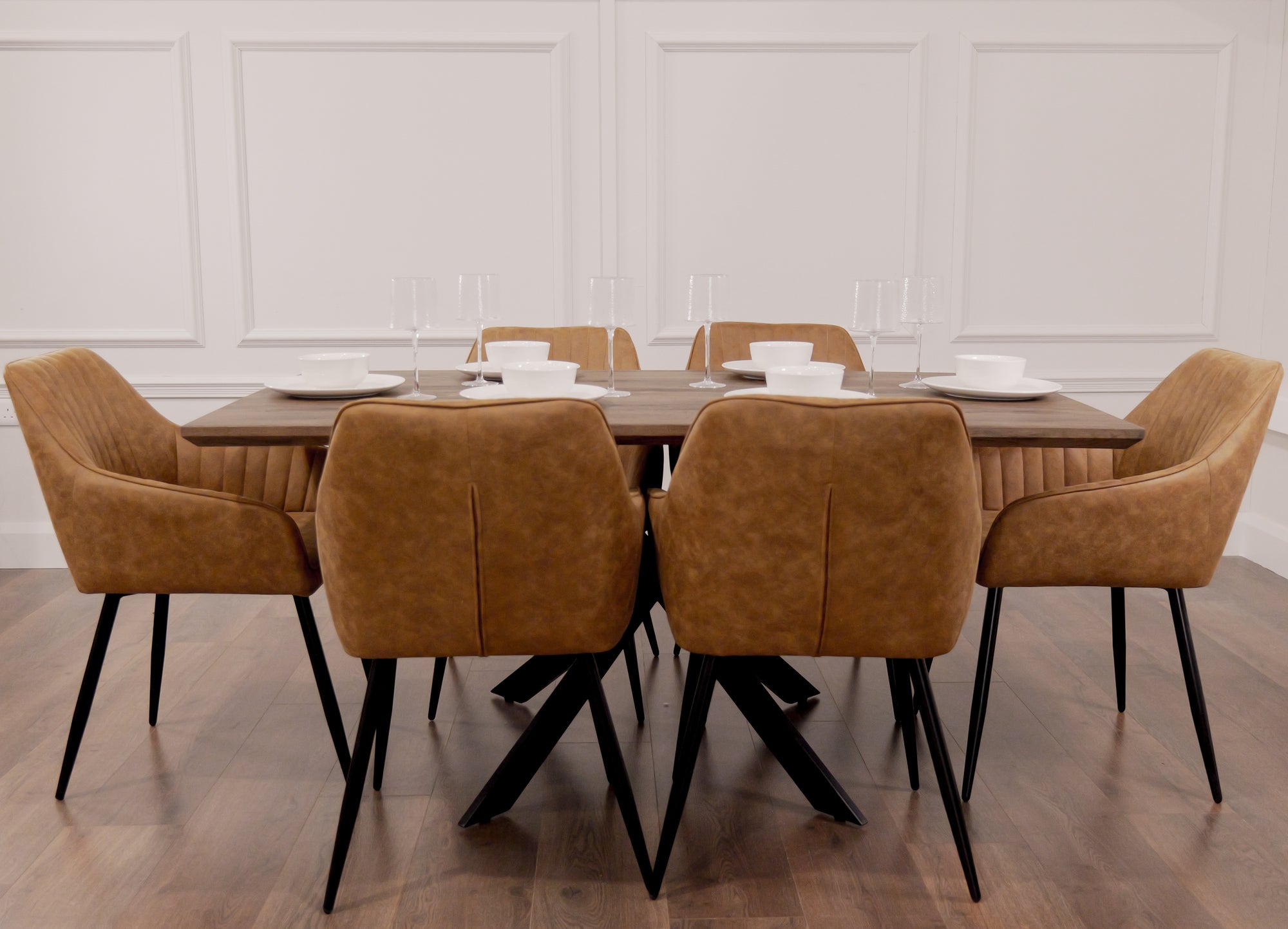 Epsom Dark Oak 1.6m + 6 EZ Chairs Tan Suede