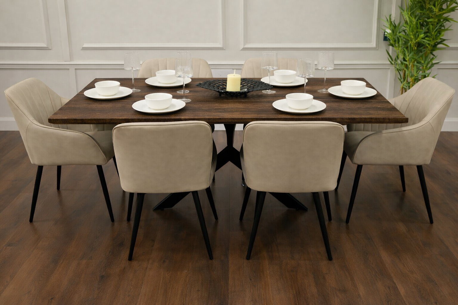 Epsom Dark Oak 1.6m + 6 EZ Chairs Taupe PU