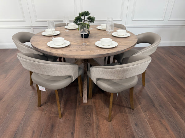 Ashley 1.5m Round Solid Oak Dining Set with 6 Willow Taupe Chairs