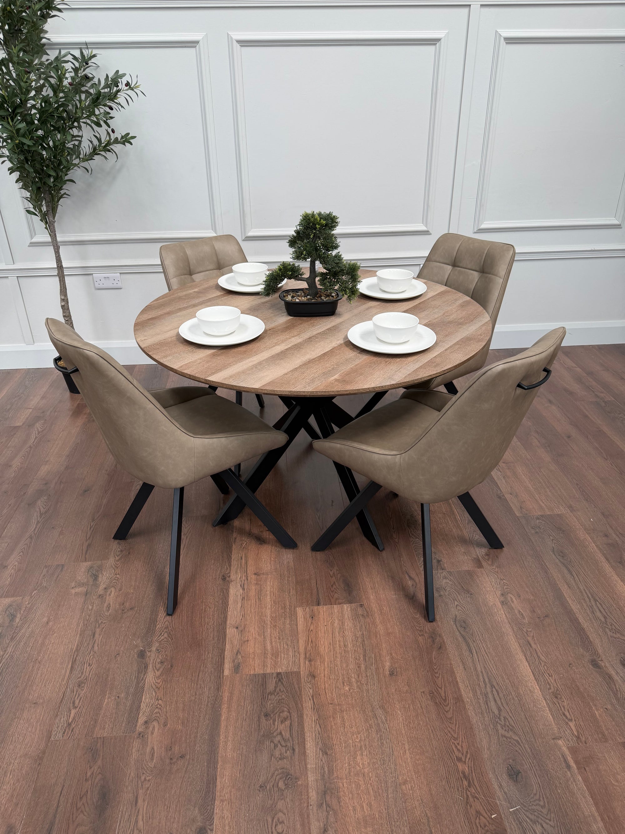 Epsom Rustic Oak 1.2m + 4 Pedro Dark Taupe PU Chairs