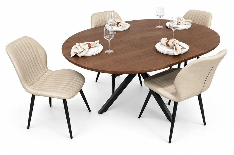 New York dark oak round extending dining table with 4 Lyra taupe PU chairs