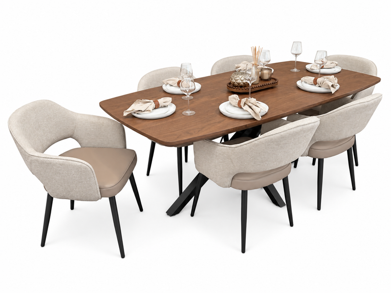 New York walnut extending dining table with 6 Maisie champagne beige and taupe chairs