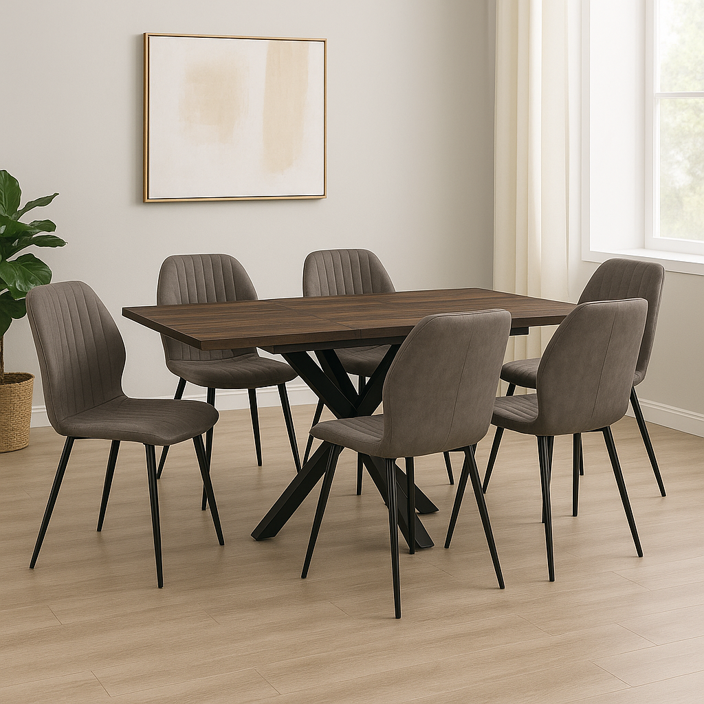 Epsom Dark Oak 1.2m/1.6m + 6 Lyra Chairs Grey PU