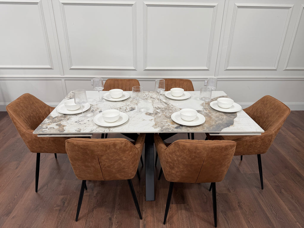 Sorrento Sintered Stone Extending Dining Set + 6 EZ Tan Suede Chairs