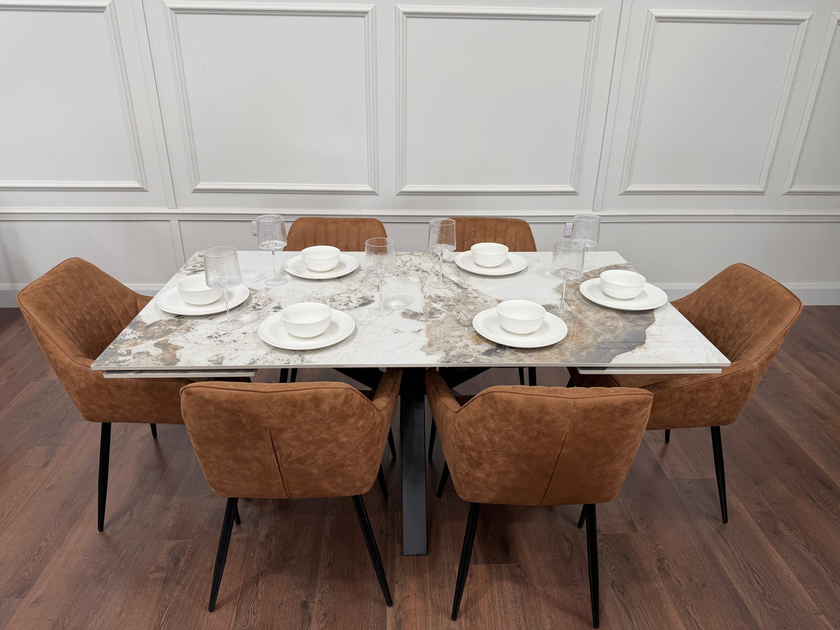 Sorrento Sintered Stone Extending Dining Set + 6 EZ Tan Suede Chairs