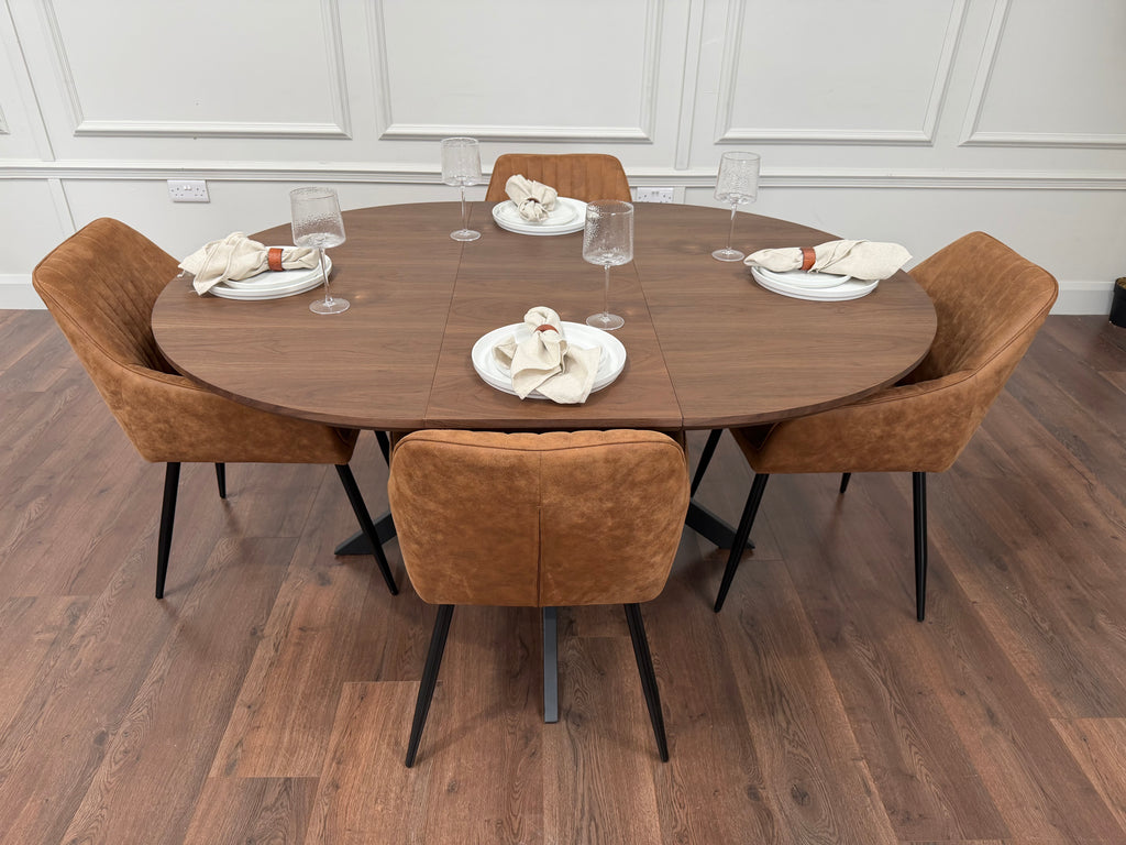 New York dark oak round extending dining table with 4 EZ tan suede chairs - photo 3