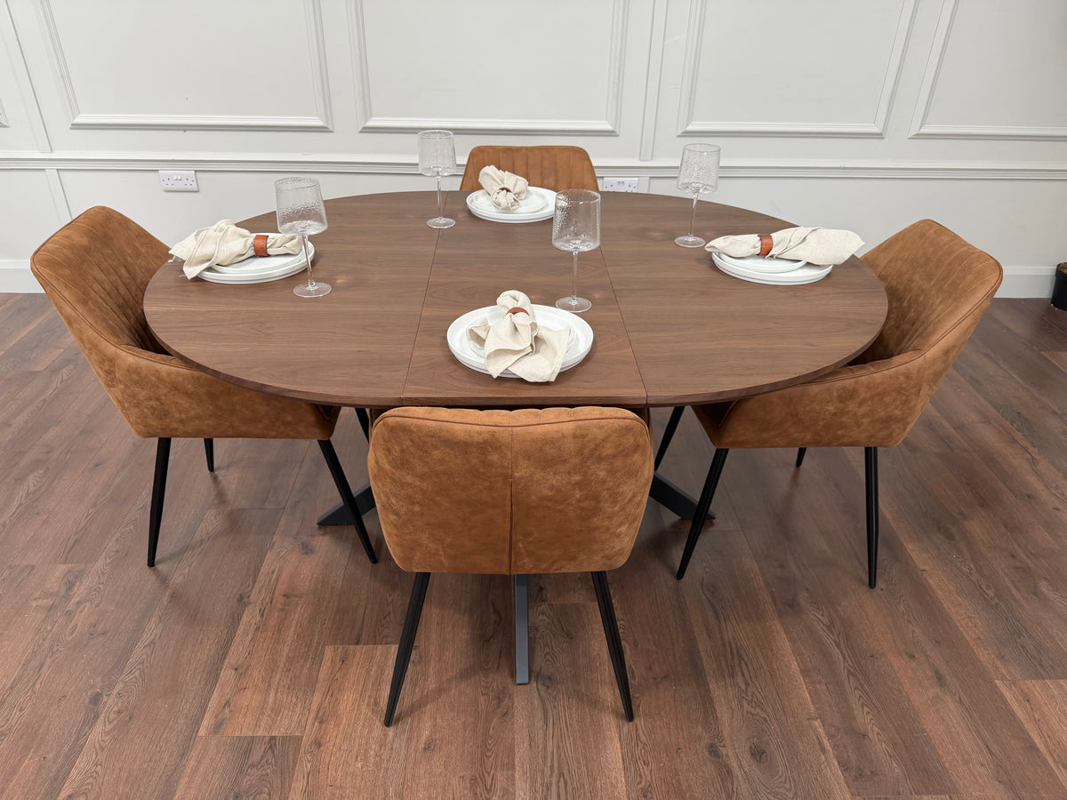 New York dark oak round extending dining table with 4 EZ tan suede chairs - photo 3