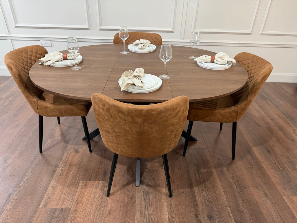 New York dark oak round extending dining table with 4 Diamond tan suede chairs - photo 3