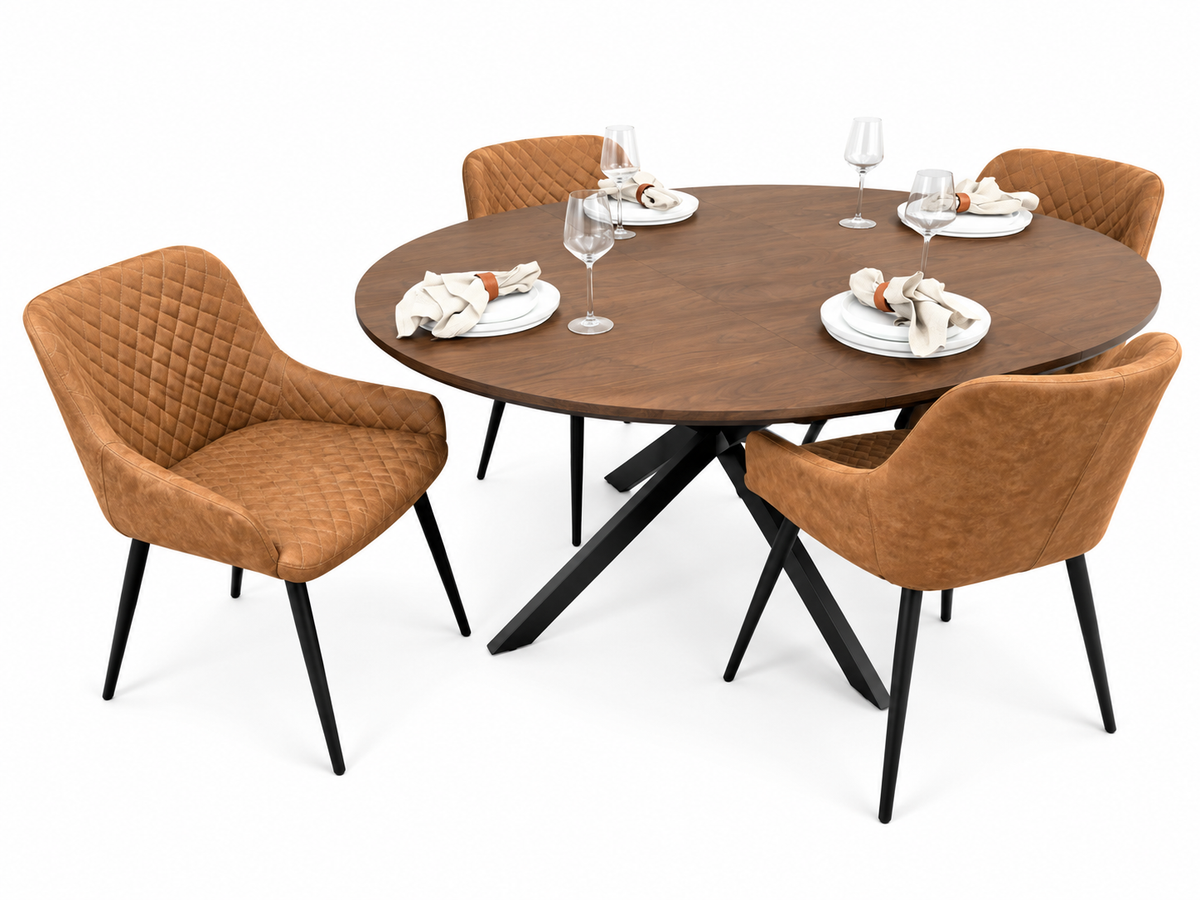 New York dark oak round extending dining table with 4 Diamond tan suede chairs
