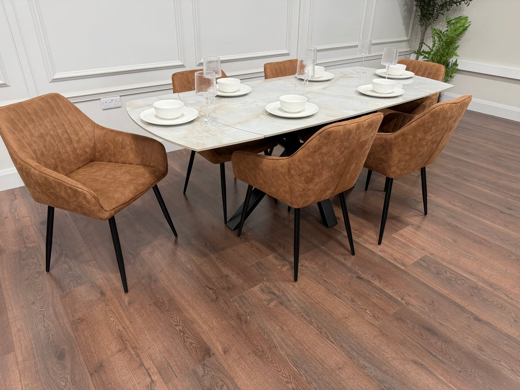 Positano Extending Sintered Stone Dining Set + 6 EZ Tan Suede Chairs