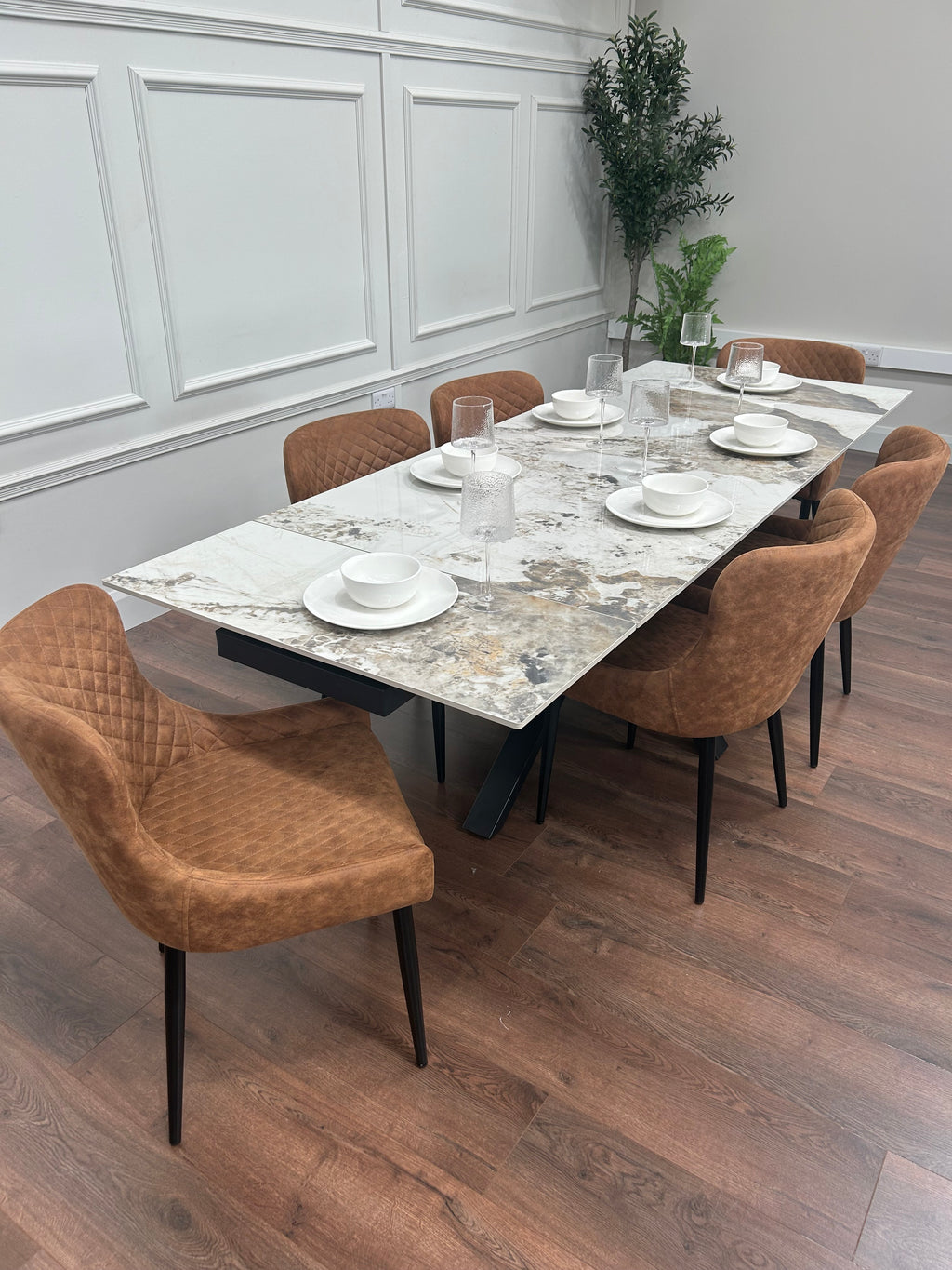 Sorrento Extending Sintered Stone Dining Set + 6 Diamond Tan Suede Chairs