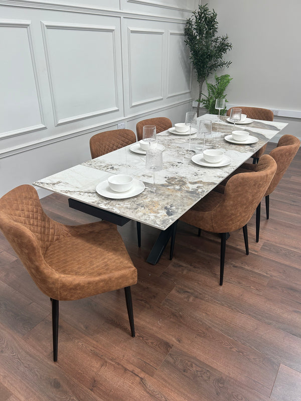 Sorrento Extending Sintered Stone Dining Set + 6 Diamond Tan Suede Chairs