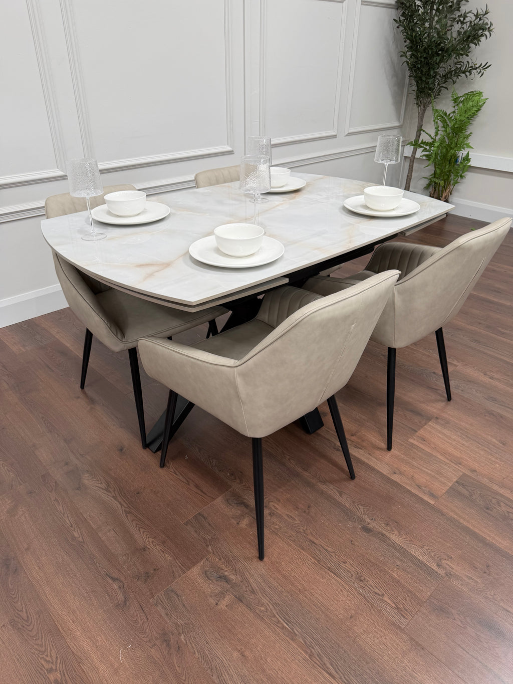 Positano Extending Sintered Stone Dining Set + 6 EZ Taupe PU Chairs