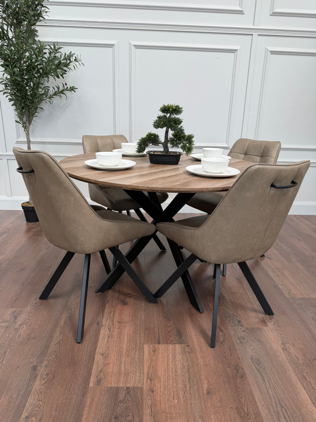 Epsom Rustic Oak 1.2m + 4 Pedro Dark Taupe PU Chairs