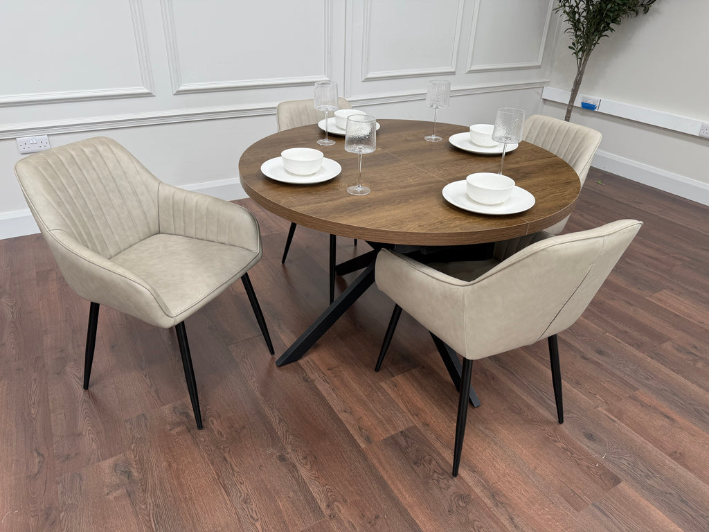 Pan 1.2m–1.6m Extending Dining Table with EZ Taupe PU Chairs