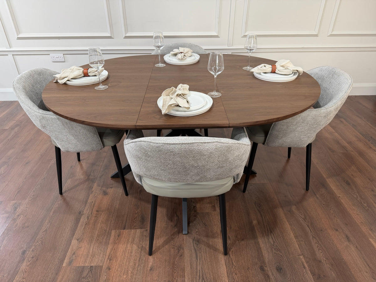 New York dark oak round extending dining table with 4 Maisie dove grey and stone grey chairs - photo 3