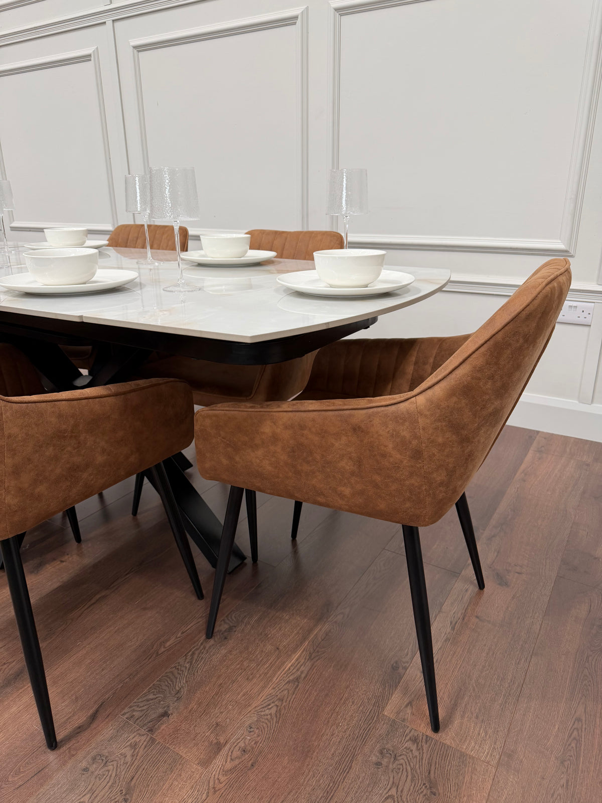 Positano Extending Sintered Stone Dining Set + 6 EZ Tan Suede Chairs