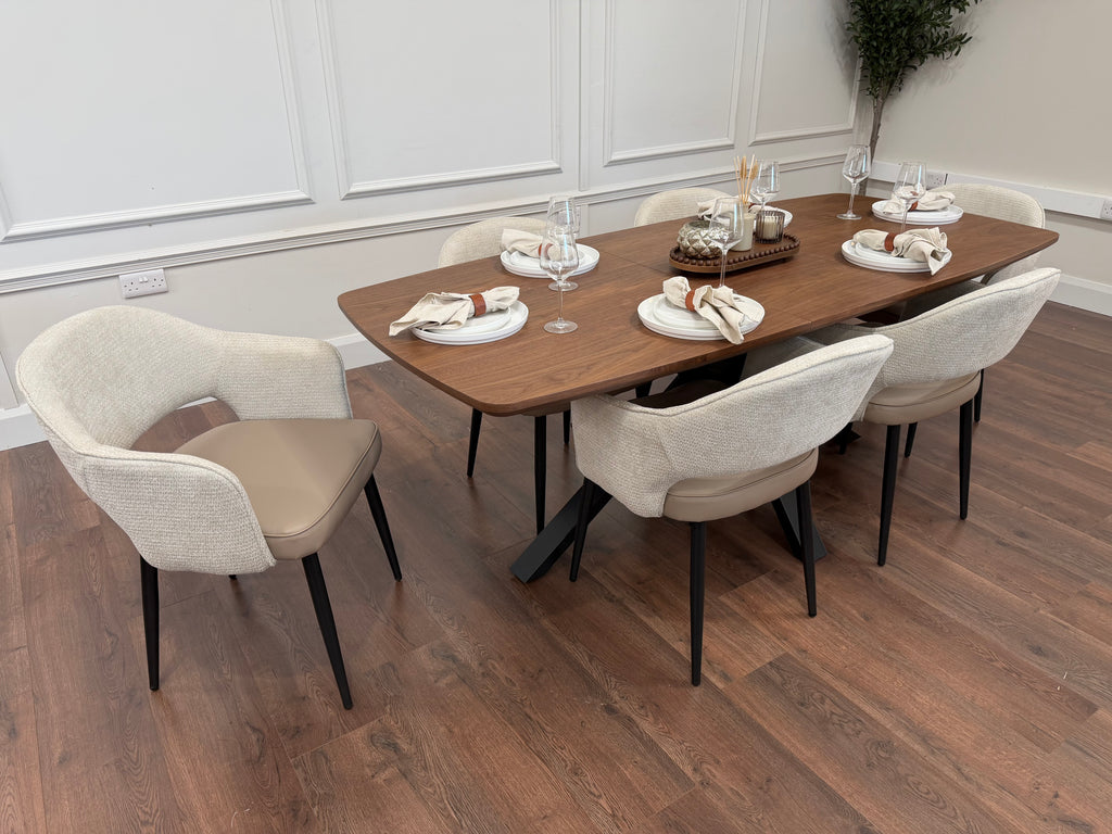 New York walnut extending dining table with 6 Maisie champagne beige and taupe chairs - photo 2