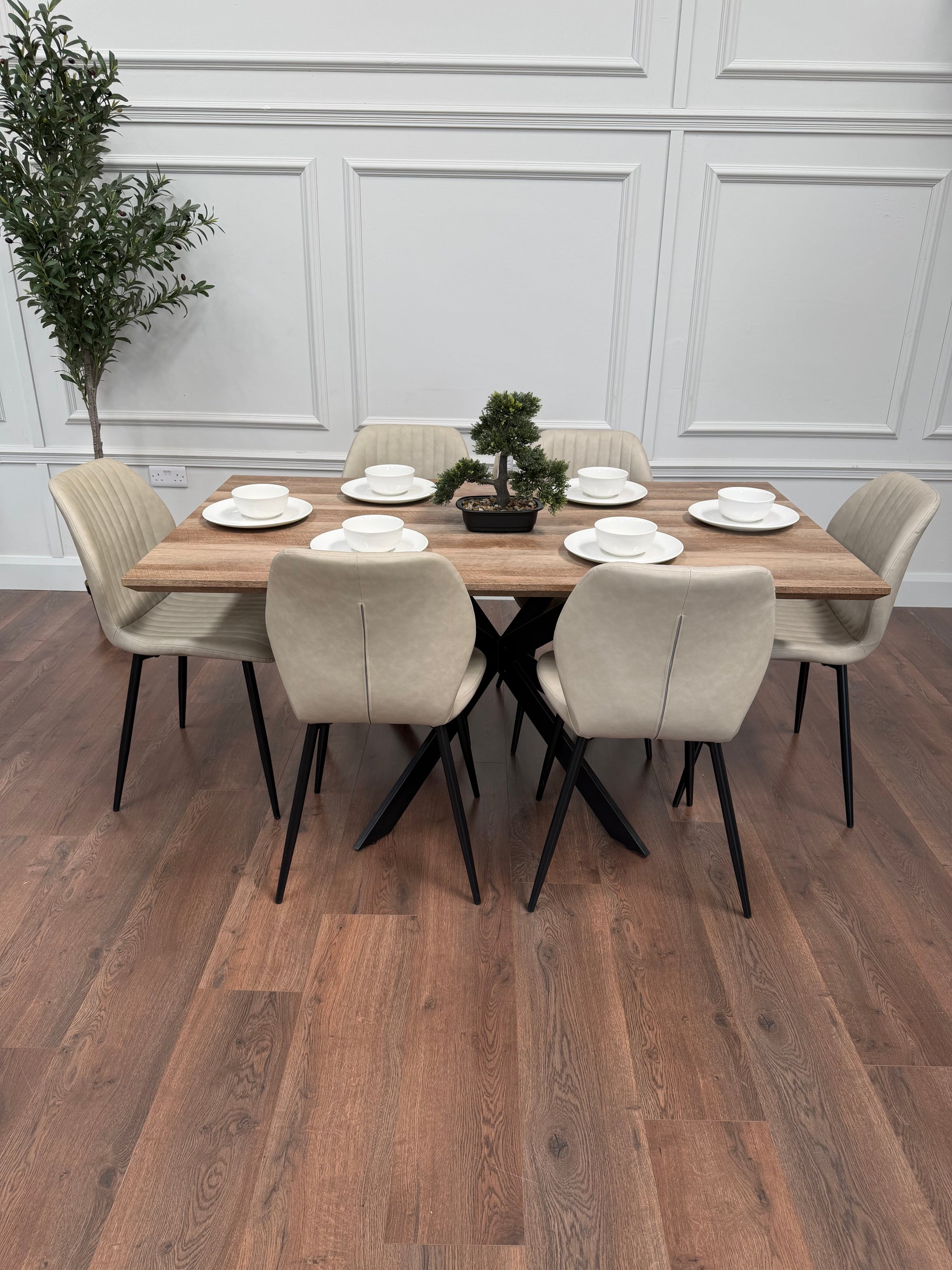 Epsom Rustic Oak 1.6m + 6 Lyra Chairs Taupe  PU