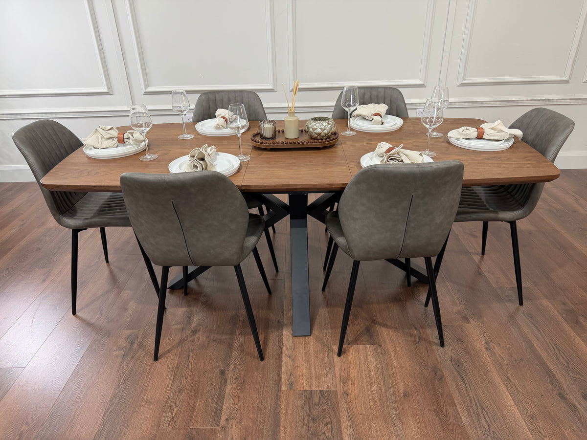 New York walnut extending dining table with 6 Lyra grey PU chairs - photo 7