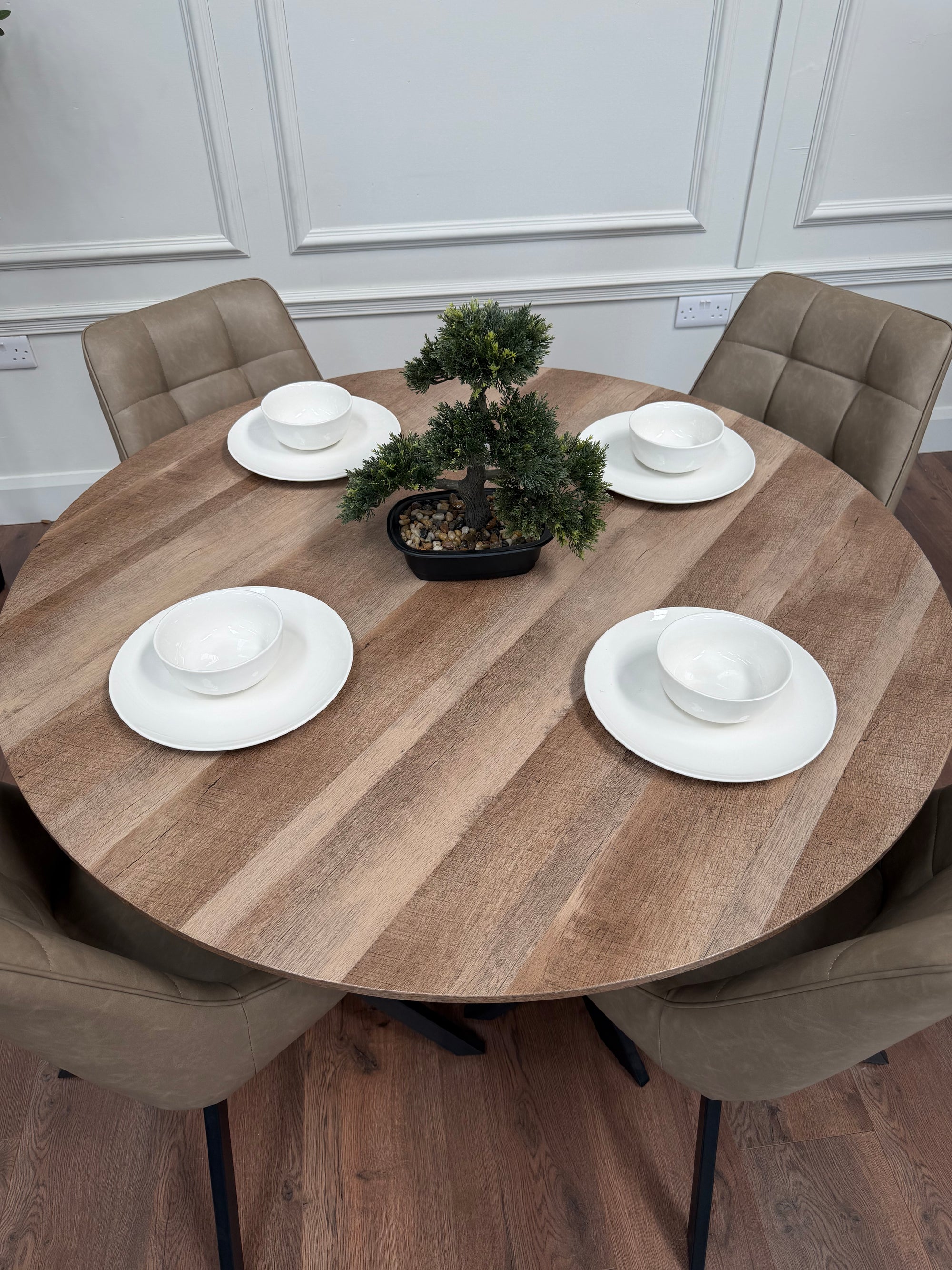 Epsom Rustic Oak 1.2m + 4 Pedro Dark Taupe PU Chairs