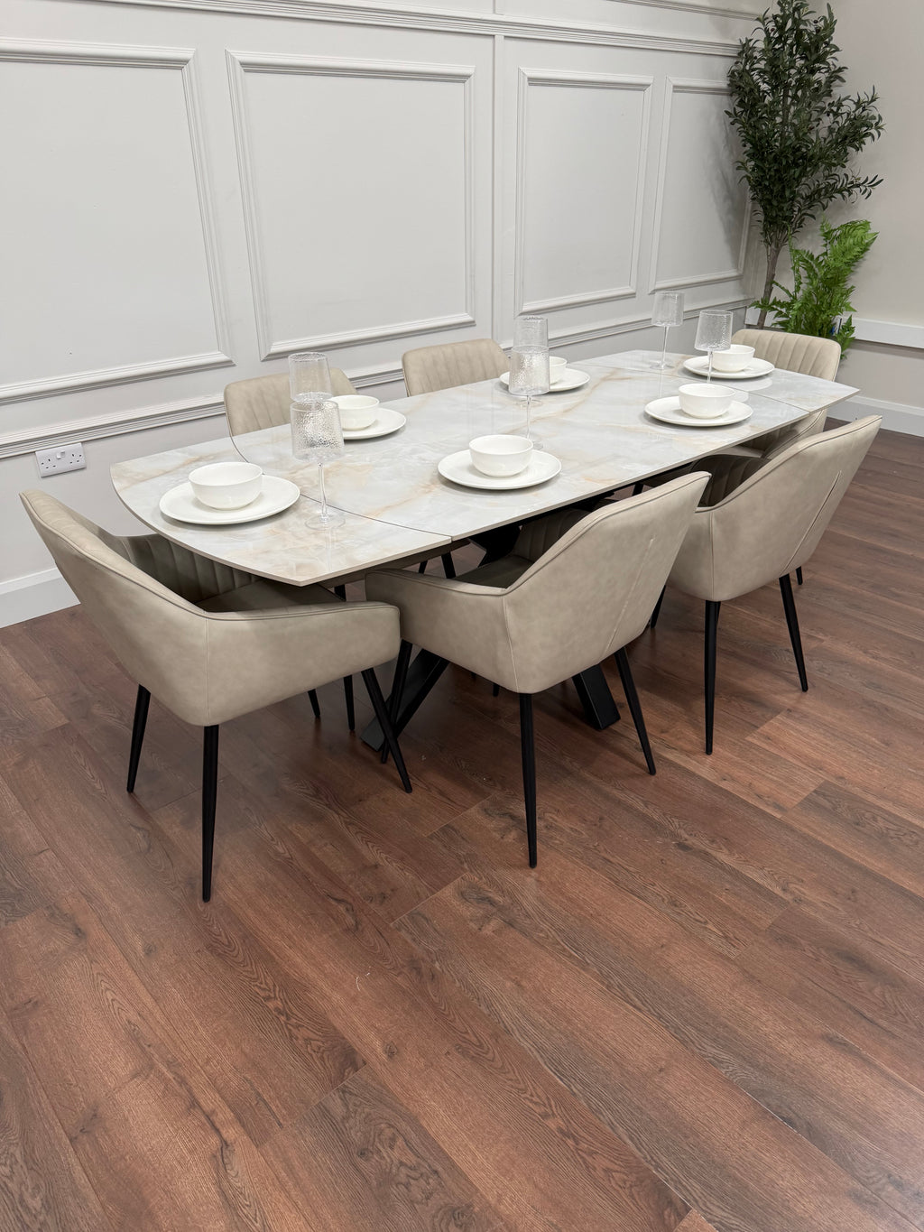 Positano Extending Sintered Stone Dining Set + 6 EZ Taupe PU Chairs