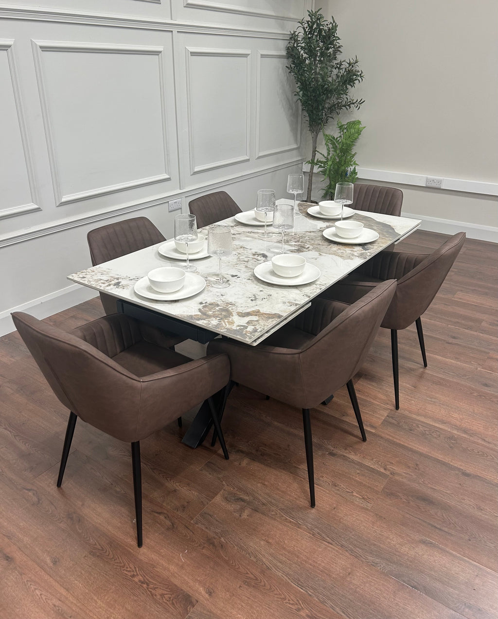 Sorrento Extending Sintered Stone Dining Set + 6 EZ Brown Chairs