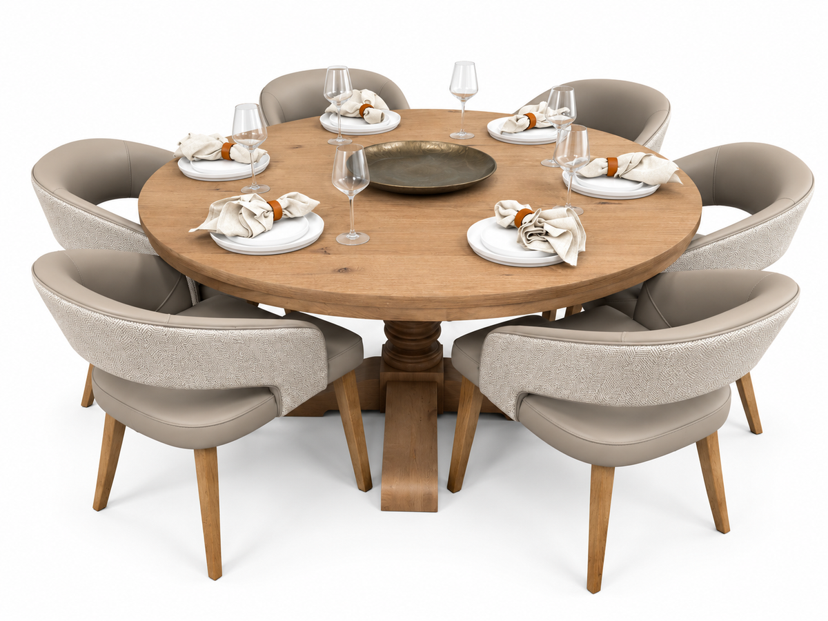Westbury 1.55m round oak dining table with 6 Willow dark taupe chairs