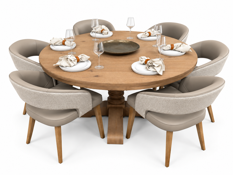 Westbury 1.55m round oak dining table with 6 Willow dark taupe chairs