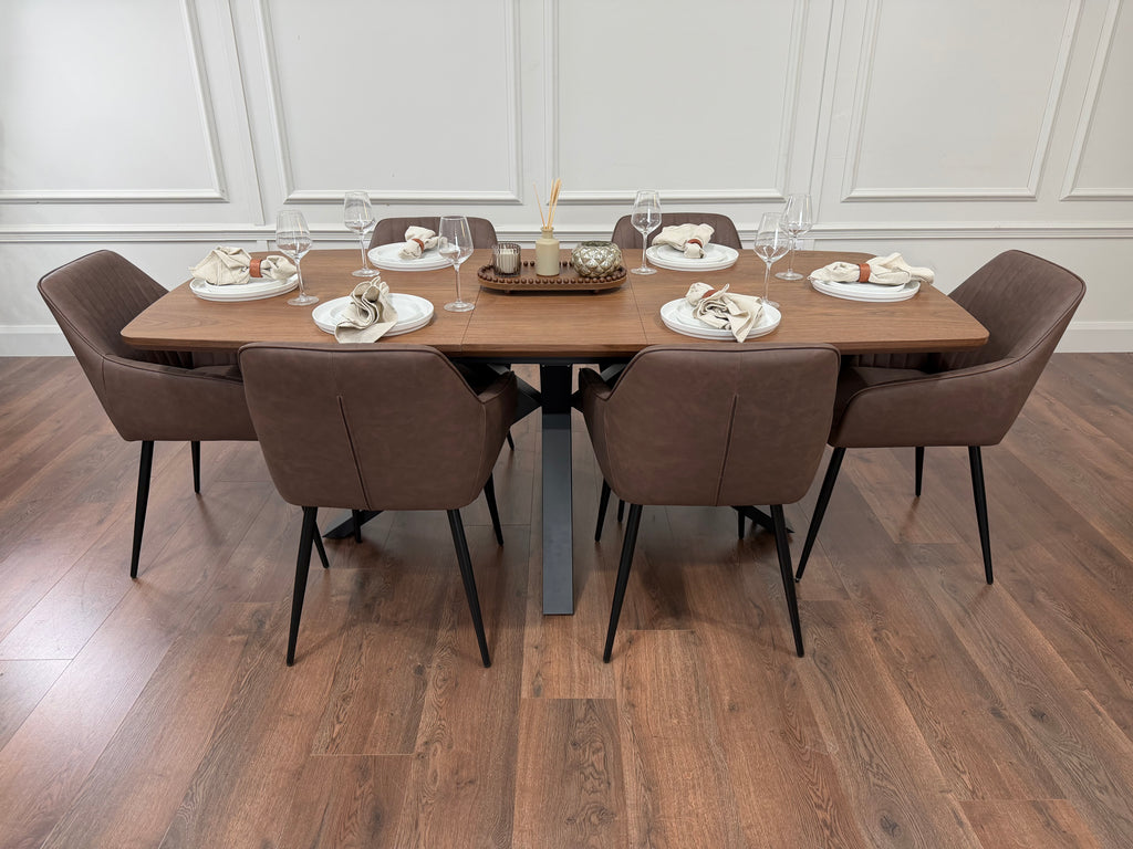 New York walnut extending dining table with 6 EZ brown PU chairs - photo 4